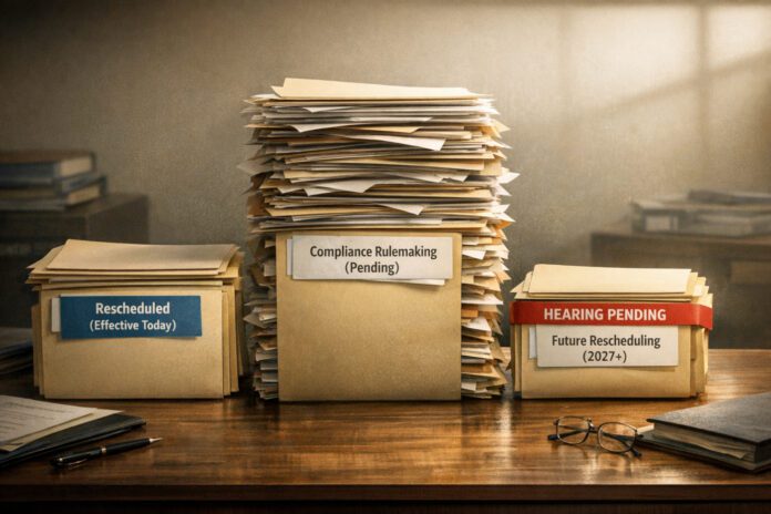 Three uneven stacks of labeled folders on a government desk symbolize the staggered pace of federal cannabis rescheduling: immediate reclassification, pending compliance rulemaking, and future hearings.